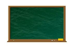 Empty green chalkboard with shadow with wooden frame with yellow sponge and white chalk on white background. vector illustration