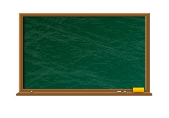 Empty green chalkboard with shadow with wooden frame with yellow sponge and white chalk on white background. vector illustration