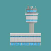 Grey airport control tower and terminal building. vector illustration in flat design on green background