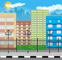 Modern city view. Cityscape with office and residental buildings, iron fence with street lamp, clouds, sky and sun. Vector illustration in flat style