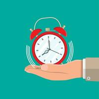 Hand with red alarm clock. Control strategy and tasks, business projects planning time management, deadline. Time management. Vector illustration flat style