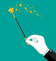 Illusionist magical stick with sparkle. Miracle wizard wand tool rod in hand. Circus, magical show, comedy. Vector illustration in flat style