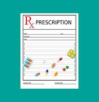 rx prescription blank and pills. Healthcare, hospital and medical diagnostics concept. vector illustration in flat style