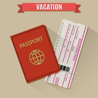 Passport and boarding pass ticket icon with shadows and sign in red frame. Vector illustration in flat design