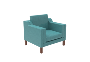 a blue chair with a wooden frame and armrests png