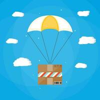 entrega servicio, aire envío. paracaídas con caja. paquete volador con paracaídas en el cielo con nubes vector ilustración en plano estilo