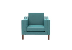 a blue chair with a wooden frame and armrests png