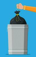 Huge waste trash can isolated on blue. Hand with bag for garbage. Metal bucket. Garbage recycling and utilization equipment. Waste management. Vector illustration in flat style