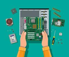 Hands with motherboard, hard drive, cpu, fan, graphic card, memory, screwdriver and case. Assembling PC. Personal computer hardware. Vector illustration in flat style