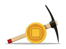 Golden coin with computer chip and pickaxe. Mining symbol. Money and finance. Digital currency. Virtual money, cryptocurrency and digital payment system. Vector illustration in flat style