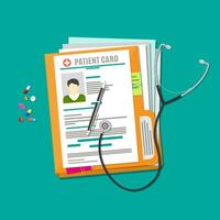 Folder woth documents, stethoscope, pills, pen. patient card. medical report. analysis or prescription concept. vector illustration in flat style