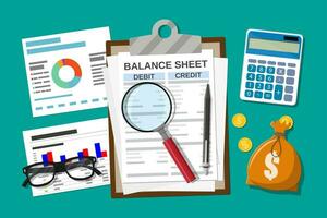 Clipboard with balance sheet and pen. Calculator money balance. Financial reports statement and documents. Accounting, bookkeeping, audit debit and credit calculations. Vector illustration flat style