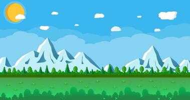 abstract summer landscape with snowy mountains and trees, sky with clouds and sun. Vector illustration in flat design