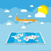 Travel concept. World map, airplane, sun in the sky with clouds on blue background. vector illustration in flat design