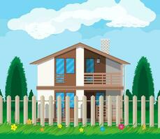 Private suburban house with fence, trees, sky and clouds. Vector illustration in flat style