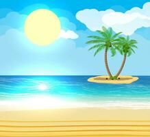 Landscape of palm tree on beach. Sun with reflection in water and clouds. Day in tropical place. Vector illustration in flat style