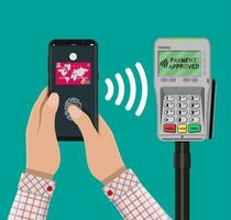 Pos terminal confirms the payment by smartphone with fingerprint sensor. NFC and wireless payments concept. Vector illustration in flat design.