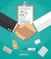 handshake between doctor and patient, patient card, tablets and pills, syringe, thermometer. Healthcare, hospital and medical diagnostics concept. vector illustration in flat style