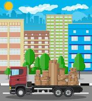 Red delivery truck transporting brown cardboard package. Pile cardboard boxes. Carton delivery packaging open and closed box with fragile signs. Cityscape. Vector illustration in flat style