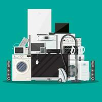 Household Appliances and Electronic Devices on green background. vector illustration in flat style