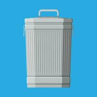 Huge waste trash can isolated on blue. Container for garbage. Metal bucket. Garbage recycling and utilization equipment. Waste management. Vector illustration in flat style