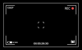Balck user interface of camera viewfinder. Focusing screen in the center of camera in recording time. battery status, video quality, Image stabilization icons. vector illustration
