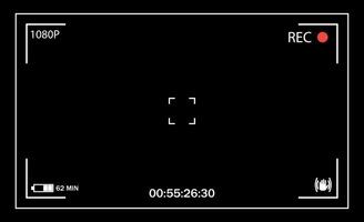 Balck user interface of camera viewfinder. Focusing screen in the center of camera in recording time. battery status, video quality, Image stabilization icons. vector illustration
