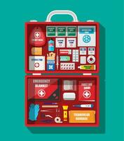 First aid kit with medical equipment and medications. Cloth bag for medicine. Healthcare, hospital and medical diagnostics. Urgency and emergency services. Vector illustration in flat style