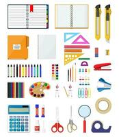 Stationery set icons. Book, notebook, ruler, knife, folder, pencil, pen, calculator, scissors, paint tape file Office supply school Office and education equipment Vector illustration flat style