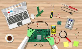 Hands of engineer with digital multimeter check computer electronic circuit board. PC hardware. Components for personal computer. Service, recovery, warranty, fixing. Vector illustration in flat style