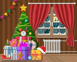 Interior of room with christmas tree and gifts. Happy new year decoration. Merry christmas holiday. New year and xmas celebration. Vector illustration flat style