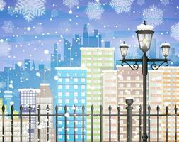 Winter background with city scape silhouette, iron fence, street lamp, snow and snowflakes, template for greeting or postal card new year, vector illustration