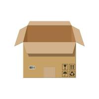 Open cardboard box. Carton delivery packaging box with fragile signs. Vector illustration in flat style