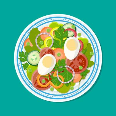 fresh vegetable salad with egg on plate. vector illustration in flat style