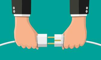 Businessmen hold plug and outlet in hand. Concept of cooperation, interaction, team work, connection, partnership. Business connect. Vector illustration in flat style