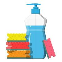 Bottle with dispenser and sponge. Washing sponge. Kitchenware scouring pads. Kitchen and bath cleaning tool accestories. Vector illustration in flat style