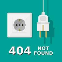 Electrical plug is unplugged into the socket. Error 404. Page not found. Vector illustration in flat style