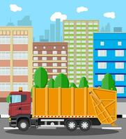 Truck for assembling and transportation garbage. Car waste disposal. Can container, bag and bucket for garbage. Recycling and utilization equipment. Cityscape. Vector illustration in flat style