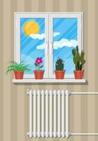 blanco ventana con flores en pared y radiador. sol, cielo con nubes detrás. vector ilustración en plano estilo