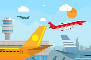 Cartoon background with gray airport control tower and flying red civil airplane after take off in blue sky with clouds, sun and city skyline silhouette. vector illustration in flat design