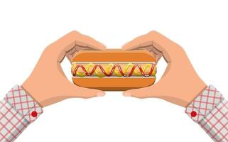 Hotdog in hands. Sausage with bun, mustard and ketchup. Fast food concept. Vector illustration in flat style