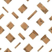 Seamless cardboard boxes set pattern. Carton delivery packaging open and closed box with fragile signs. Vector illustration in flat style