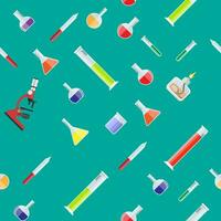 Seamless laboratory equipment pattern. Jars, beakers, flasks, microscope, spirit lamp, pipette. Biology science education medical. Vector illustration in flat style