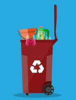 trash recycle bin container for garbage full of plastic and rubber things. Bin for plastic and rubber. Vector illustration in flat design