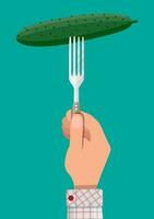 Cucumber vegetable on fork in hand. Vector illustration in flat style