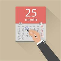 cartoon businessman hand mark on the calendar by pen. vector illustration in flat design on light background