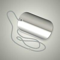 Realistic metal dog tag and chain on grey background with shadow. vector illustration