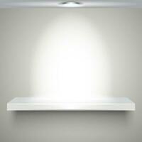 White empty shelve with illumination isolated on white wall. vector illustration