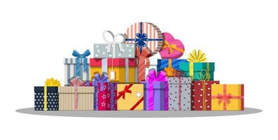 Pile of gift boxes isolated on white. Colorful wrapped. Sale, shopping. Present boxes different sizes with bows and ribbons. Collection for birthday and holiday. Vector illustration in flat style