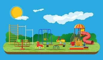 Kids playground kindergarten panorama. Urban child amusement. Slide ladder, rocking toy on spring, slide tube, swing carousel balancer, sandbox bucket rake castle scoop. Vector illustration flat style